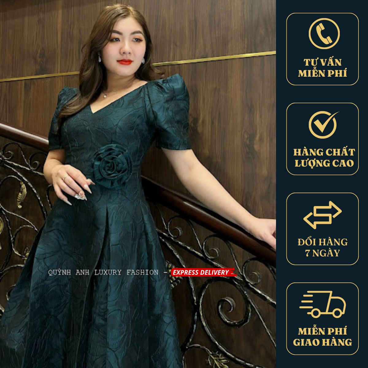 Đầm Xoè Tapta Hoa Xanh Rêu Cao Cấp Frances Dress