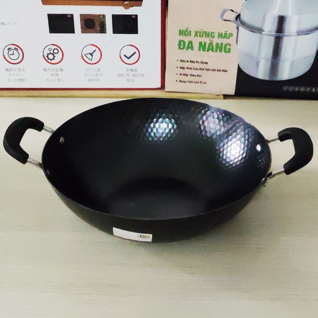 Chảo xào thép sâu lòng vân kim cương Greencook GCW02 size 32/34cm dùng mọi loại bếp, chống dính tự nhiên-Hàng chính hãng