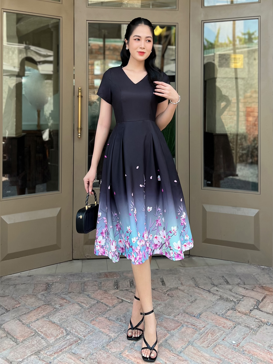 [HCM] Đầm xòe in chân hoa 3D thanh lịch AD074 - Khánh Linh Style