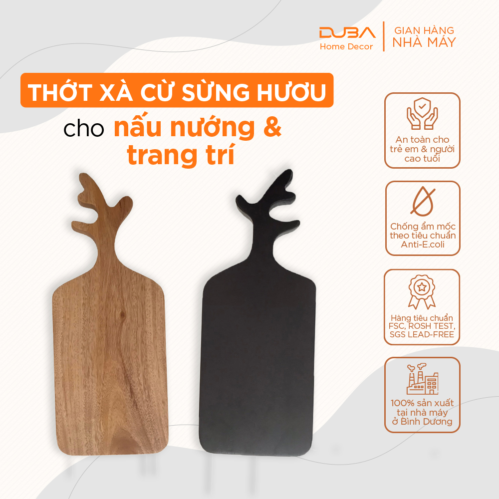 Thớt gỗ trang trí chữ nhật, thớt gỗ decor có tay cầm hình sừng hươu, tuần lộc chuẩn xuất khẩu - DUBA