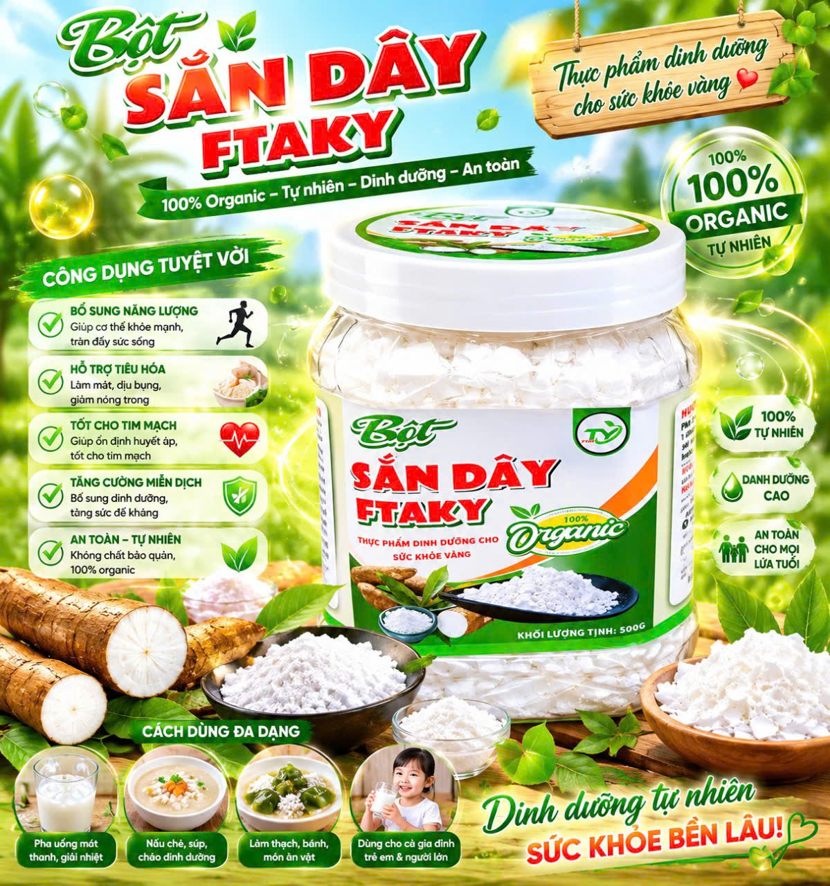 Bột sắn dây nguyên chất Ftaky 1kg- 100% Sắn dây tự nhiên loại 1, an toàn, sạch sẽ không chất bảo quản