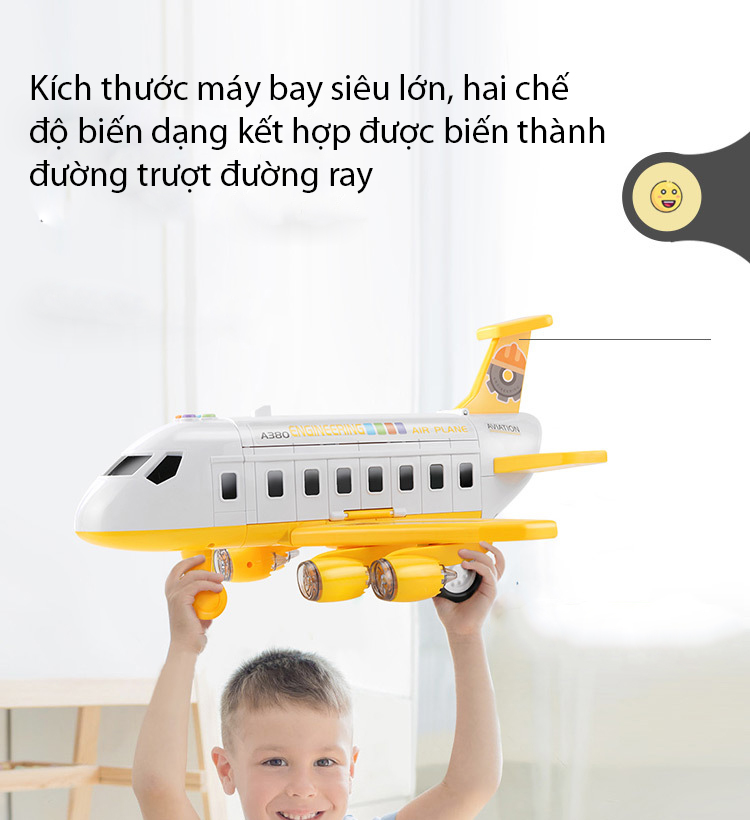 Bộ đồ chơi máy bay có nhạc và đèn  KAVY  NO. 8808 chạy đà chủ đề công trình kèm giàn cẩu thang trượt, 4 ô tô kim loại - màu vàng