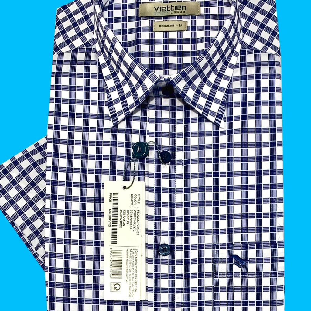 Viettien - Áo sơ mi nam ngắn tay xẻ tà vạt ngang Bamboo spun Ca rô Xanh trắng 6S0022 Regular - Ca rô