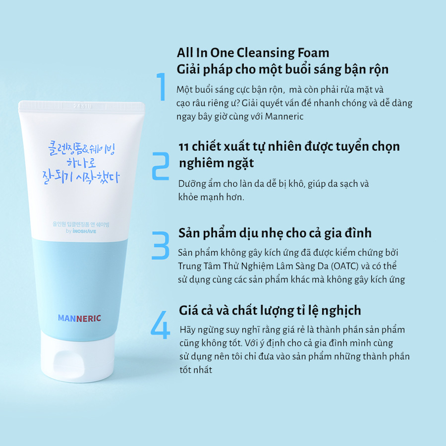 Sữa rửa mặt và cạo râu cho nam Manneric All-in-one Deep Cleansing Foam &amp; Shaving