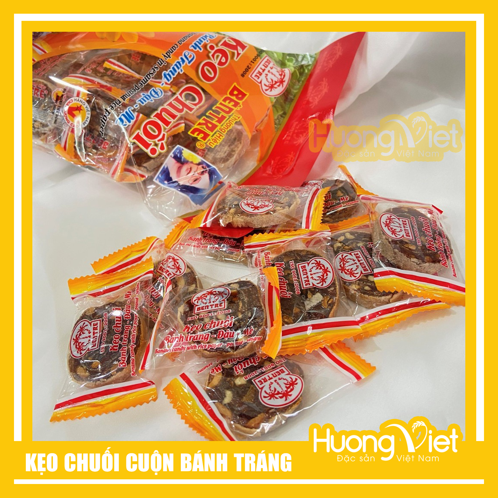 Đặc Sản Bến Tre - Kẹo Chuối Cuộn Bánh Tráng Bến Tre 450G, Kẹo Chuối Cuộn Bánh Tráng Đậu Mè Thương Hiệu Hai Tỏ Bến Tre