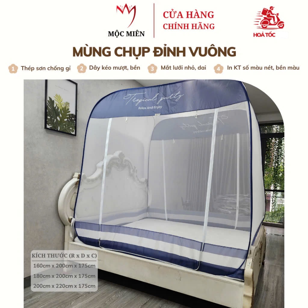 Màn Chụp , Mùng Chụp Cao Cấp Mộc Miên Đỉnh Vuông - Kích Thước 2,2mx2m ( Xanh Xám 3 Đường Kẻ )
