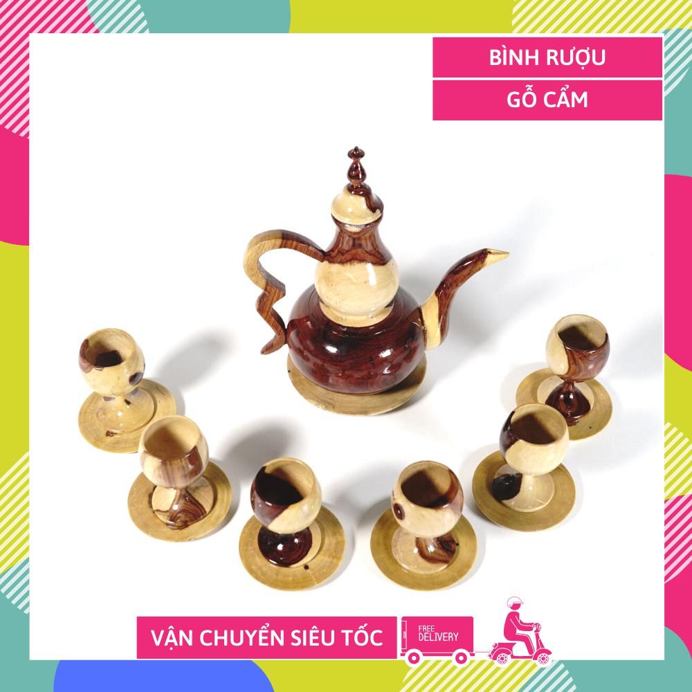 Bộ bình gỗ cẩm trắng 1 bình 6 ly nguyên khối phong thủy cao cấp - Bình 18cm và Ly 5cm có đế kê