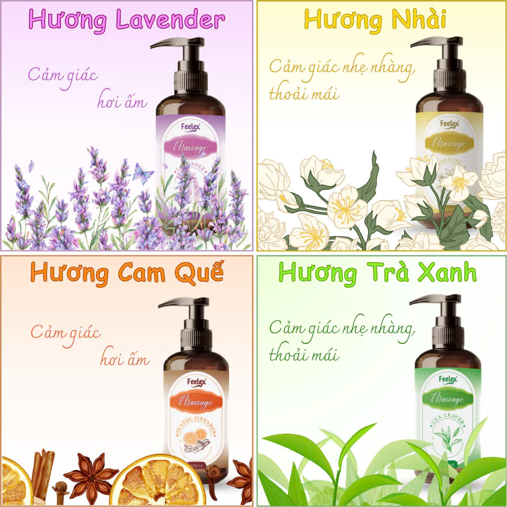 Dầu massage body Feelex toàn thân cho nam và nữ, nhiều mùi hương, dung tích 300ml