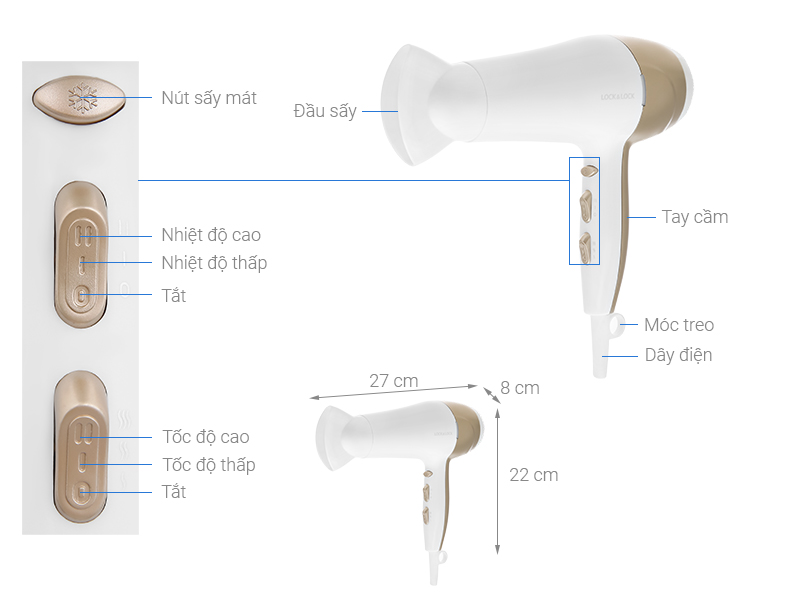 Máy Sấy Tóc Lock&amp;Lock ENA136WHT 2000-2200W (Màu Trắng) - Hàng chính hãng, Tặng Kèm Ống Hút Inox Và Cọ Rửa Ống Hút