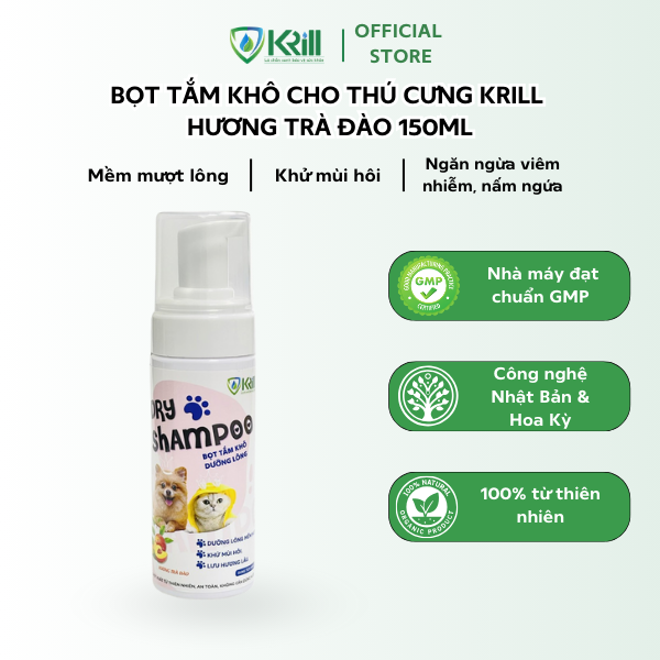 Bọt tắm khô cho thú cưng KRILL hương Trà Đào 150ml mềm mượt lông, khử mùi hôi, ngăn ngừa viêm nhiễm, nấm ngứa