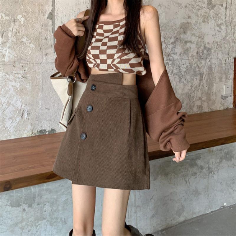 Chân Váy Chữ A Ngắn CHIPY Chất Nhung Tăm Giả Váy Phong Cách Hàn Quốc Ulzzang Kiểu Vintage Màu Kem Đen Bò Siêu Dễ Thương