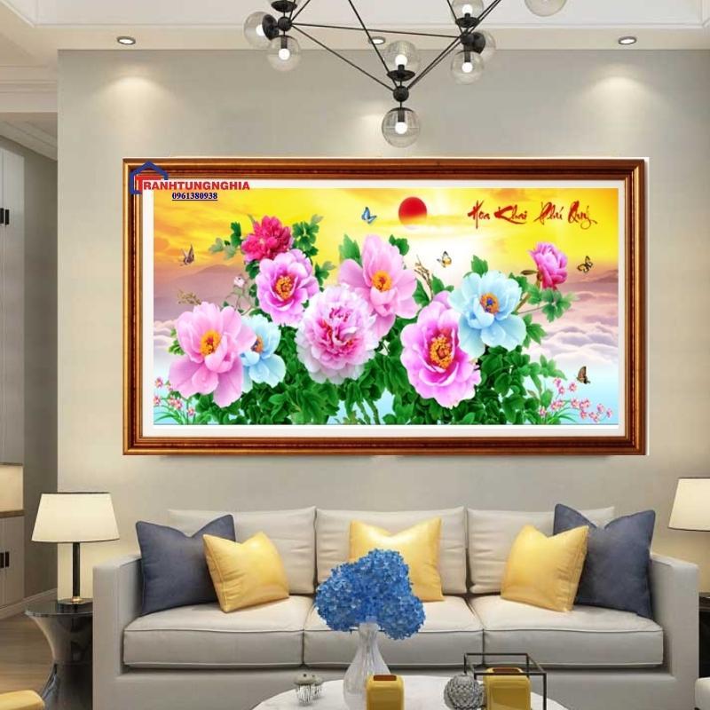 Tranh đính đá HOA MẪU ĐƠN HOA KHAI PHÚ QUÝ (ĐÁ ABC CAO CẤP). Kích Thước: 1m10 x 55cm