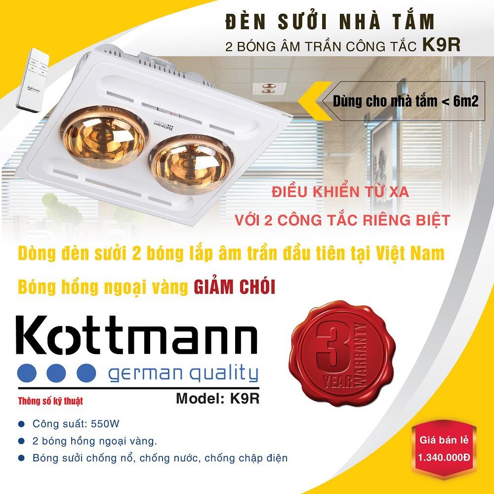 Đèn sưởi nhà tắm Kottmann 2 bóng âm trần điều khiển từ xa K9R