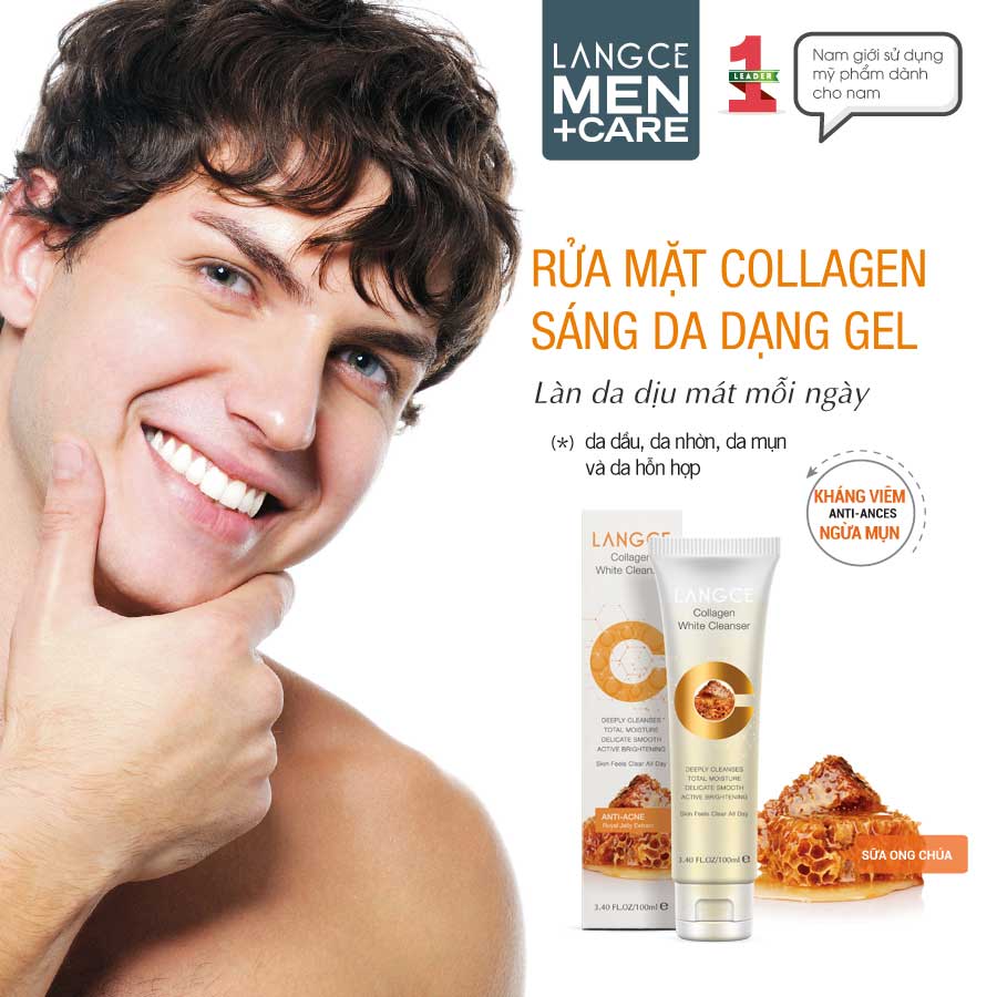 COLLAGEN WHITE CLEANSER RỬA MẶT TRẮNG DA GIỮ ẨM SỮA ONG CHÚA 100ml CHO NAM LANGCE