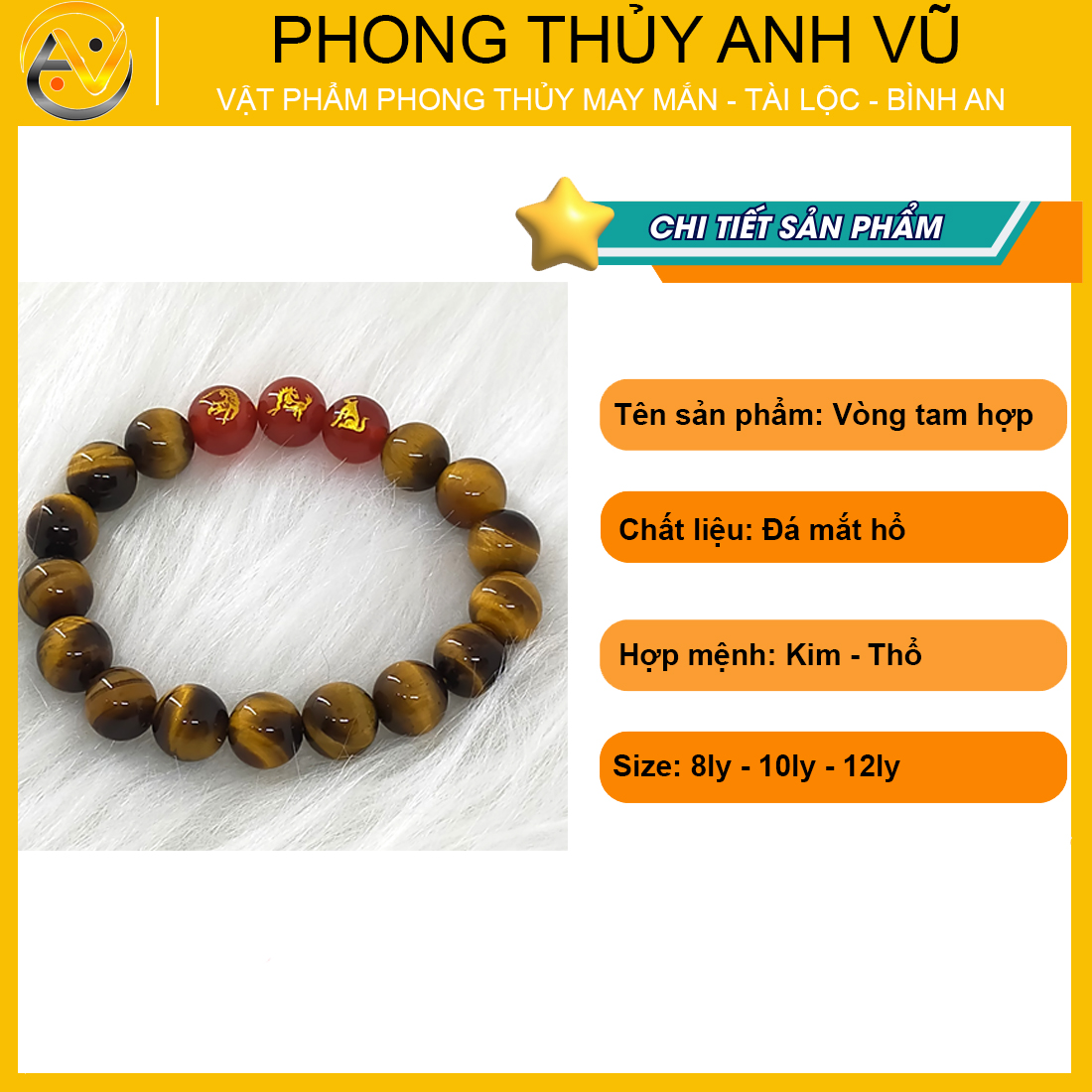 Vòng tam hợp dần ngọ tuất đã khai quang - chất liệu mắt hổ tự nhiên - vòng tay phong thủy may mắn tài lộc - Vòng Tam Hợp Anh Vũ