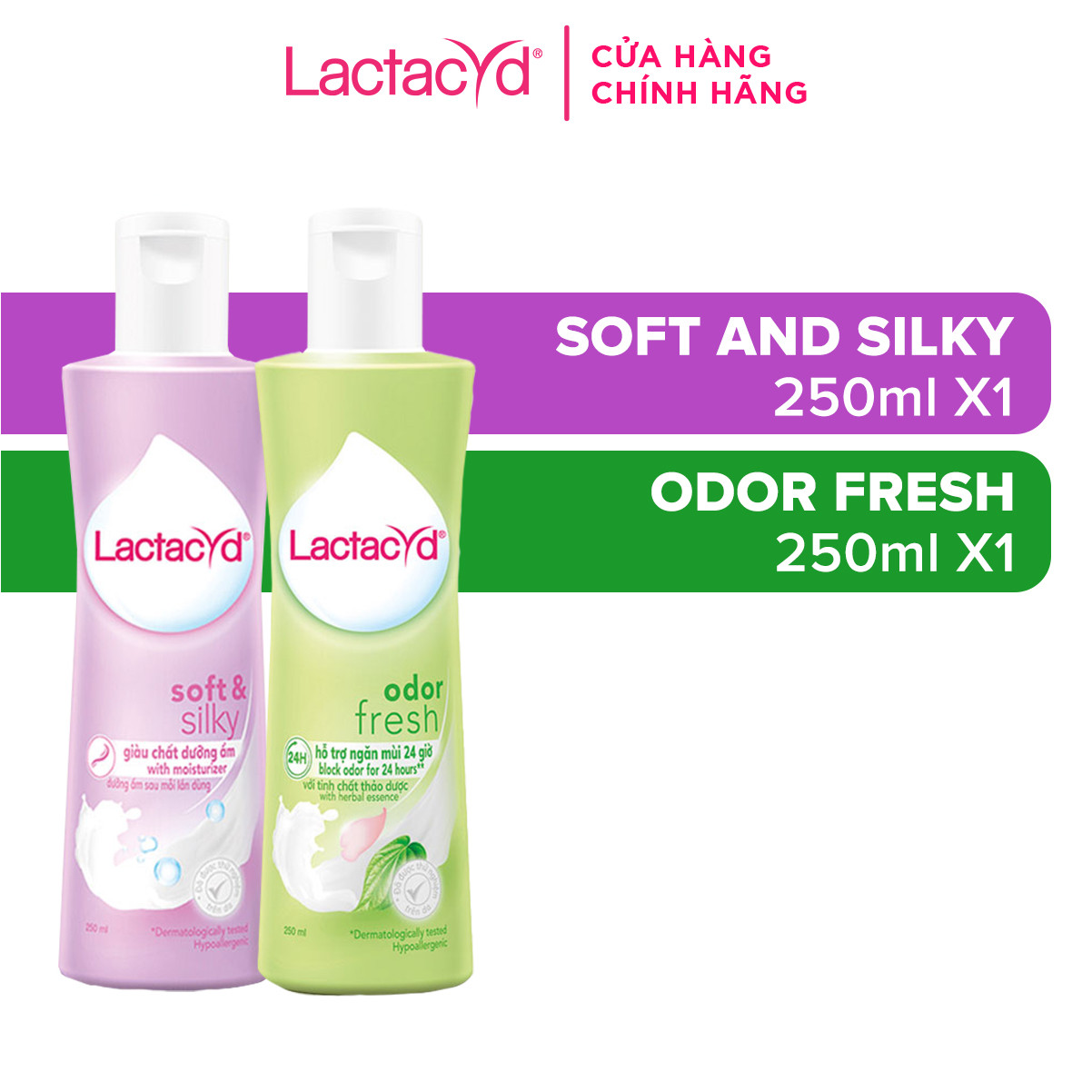 Bộ Dung Dịch Vệ Sinh Phụ Nữ Lactacyd Soft & Silky Dưỡng Ẩm 250ml + Odor Fresh Ngăn Mùi 24H 250ml