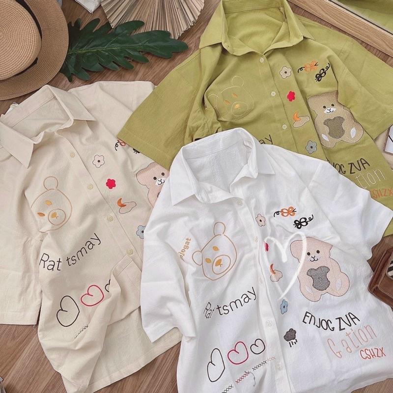 Áo sơ mi tay ngắn thêu gấu