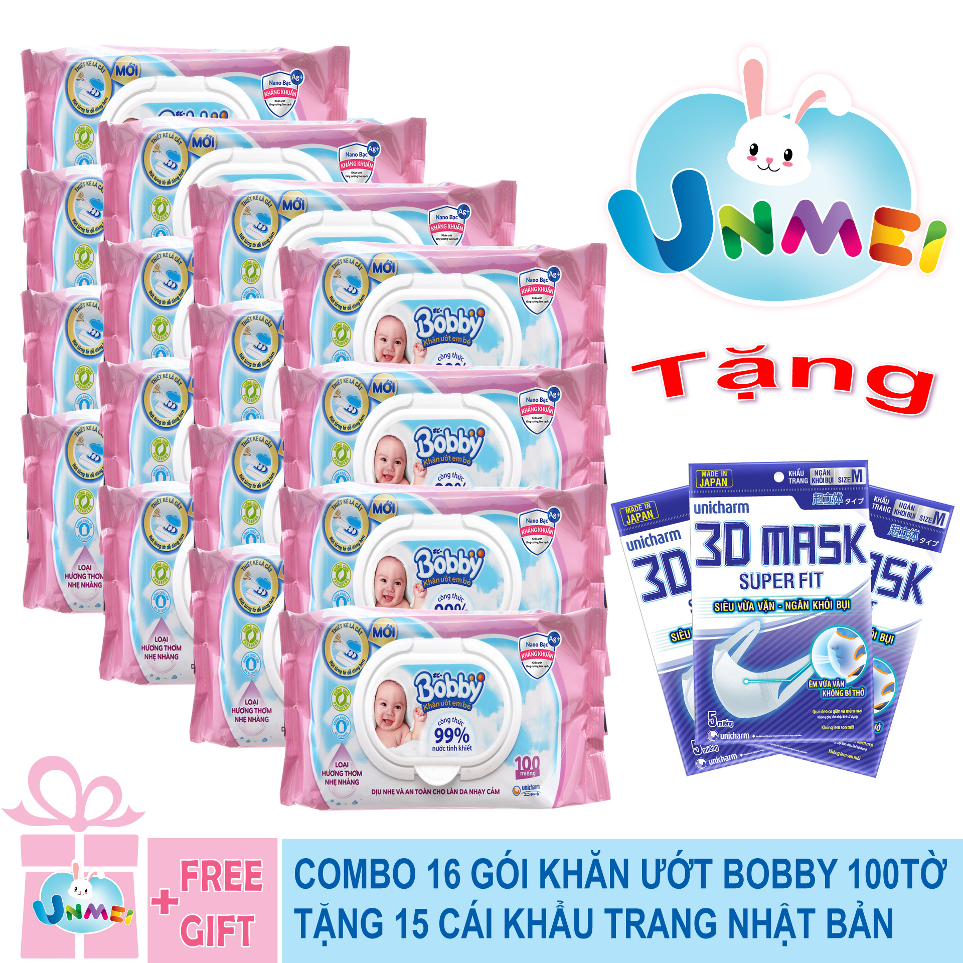 Combo Tiết Kiệm: Thùng 16 Gói Khăn Ướt Bobby Care Hương Dịu Nhẹ 100 Miếng/Gói tặng 15 khẩu trang Unicharm Nhật Bản