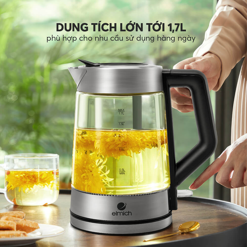 Ấm Đun Nước Siêu Tốc Thuỷ Tinh Elmich KEE-8458 1.7L 2200W, Hàng Chính Hãng, Đèn Led Cảm Biến-JoyMall