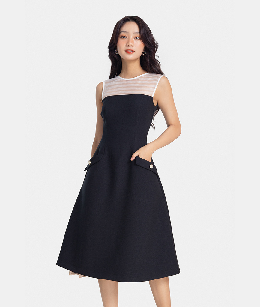 Đầm Lửng Thời Trang HNOSS Kiểu Mini Phối Organza Sọc HNDLU035