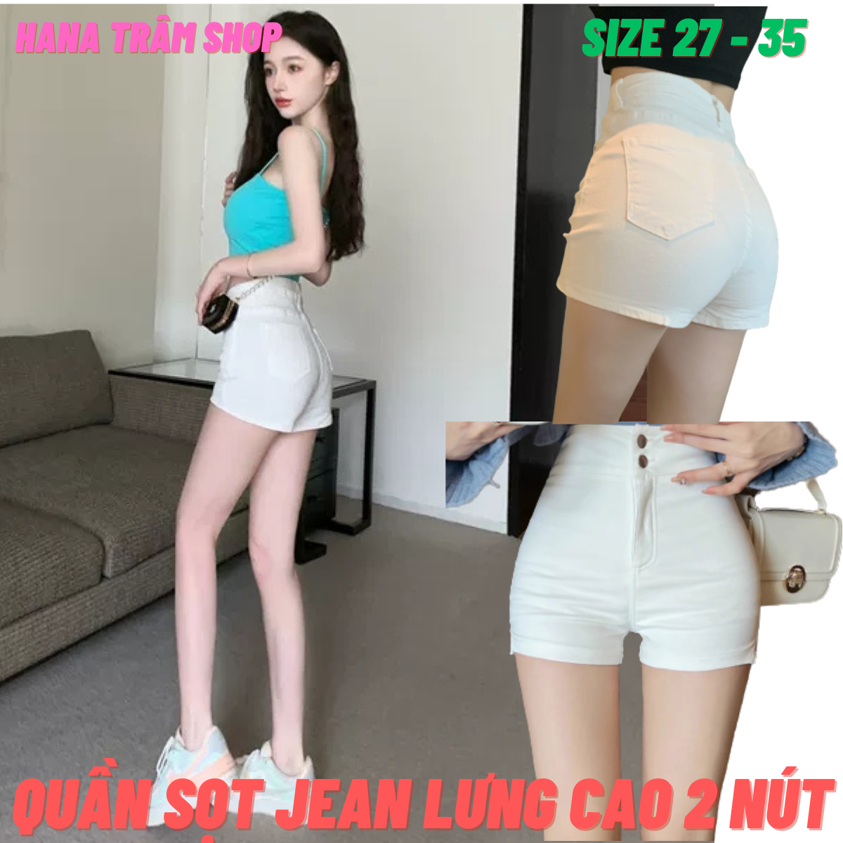 Quần Sọt Jean Nữ Lưng Cao Màu Trắng 2 Nút