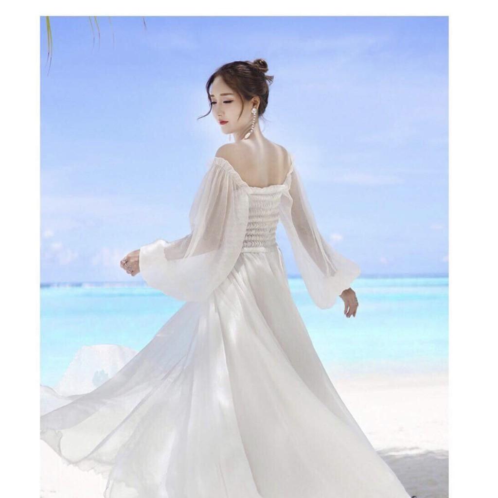 Đầm maxi trắng trễ vai tay dài cực yêu