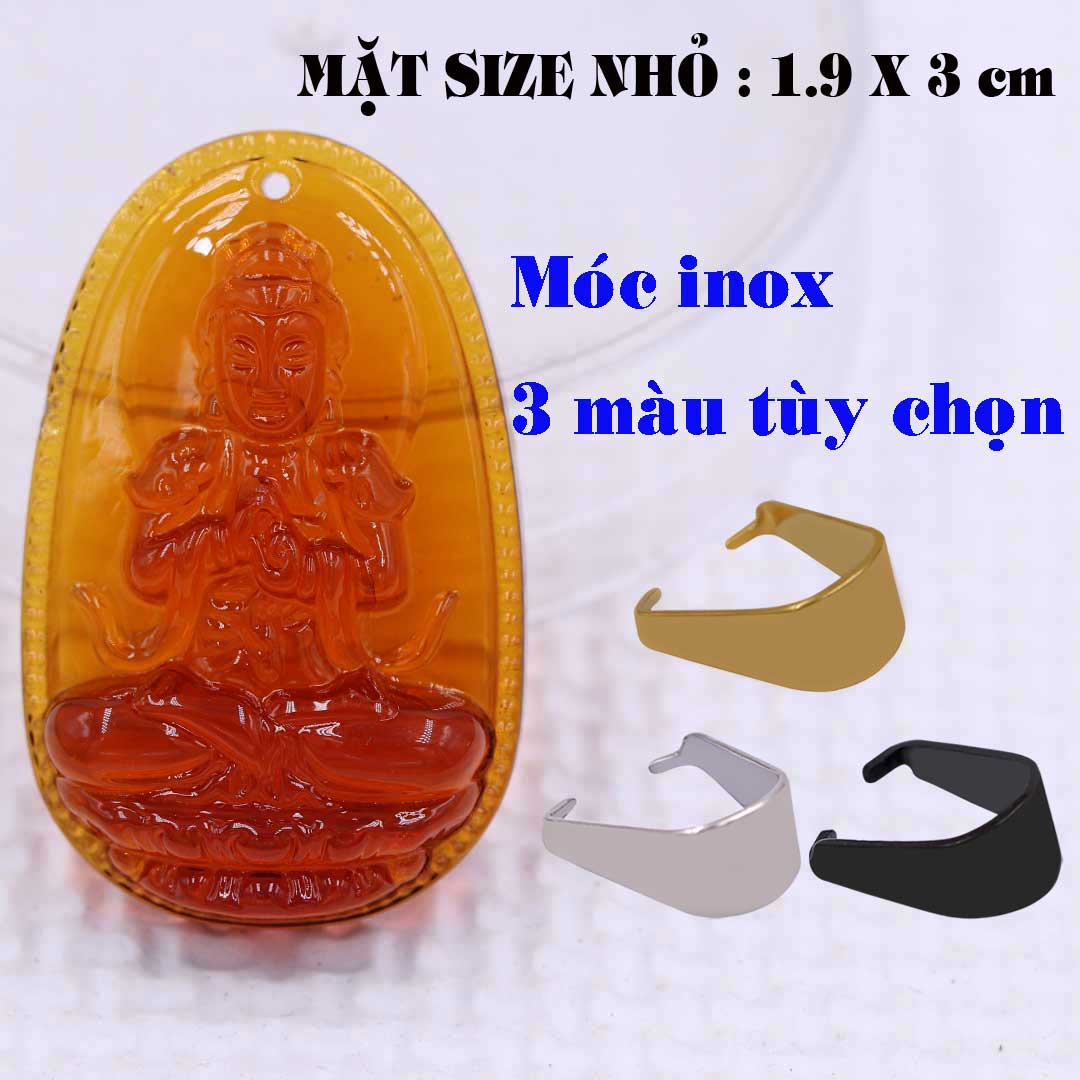Mặt Phật Đại nhật như lai pha lê cam 1.9cm x 3cm kèm móc dây chuyền inox vàng, Phật bản mệnh, mặt dây chuyền Phật giáo