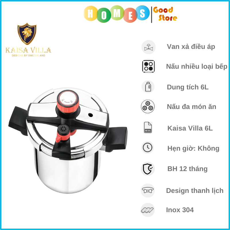 Nồi Áp Suất Inox KAISA VILLA KV-9440 Dung Tích 6L Nấu Bếp Gas, Bếp Từ, Bếp Hồng Ngoại - Hàng Chính Hãng
