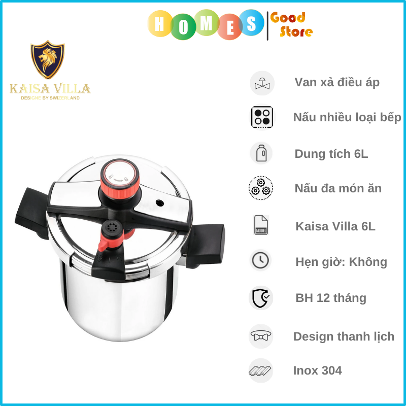 Nồi Áp Suất Inox KAISA VILLA KV-9440 Dung Tích 6L Nấu Bếp Gas Bếp Từ, Bếp Hồng Ngoại - Hàng Chính Hãng