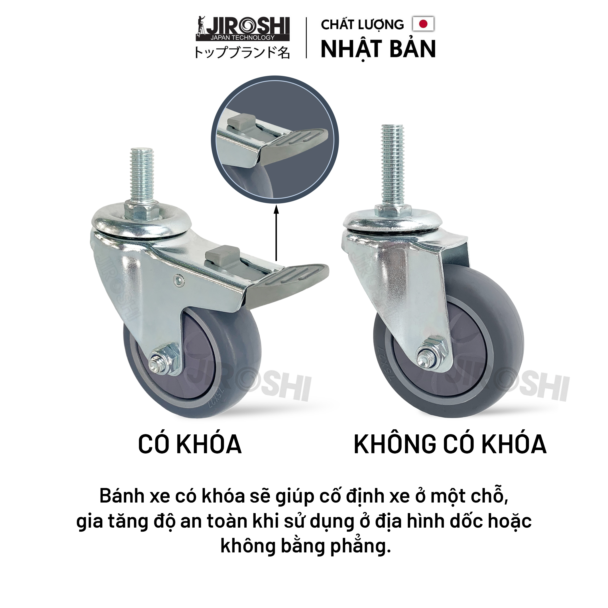 Bánh Xe Đẩy Hàng Cao Su TPR Có Bạc Đạn Và Khóa JIROSHI, Bánh Xe Chống Ồn Công Nghệ Nhật Bản, Phi 75mm Ty Ren M12x25