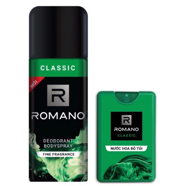 Combo Romano Classic: Xịt khử mùi toàn thân 150ml+ Nước hoa bỏ túi 18ml