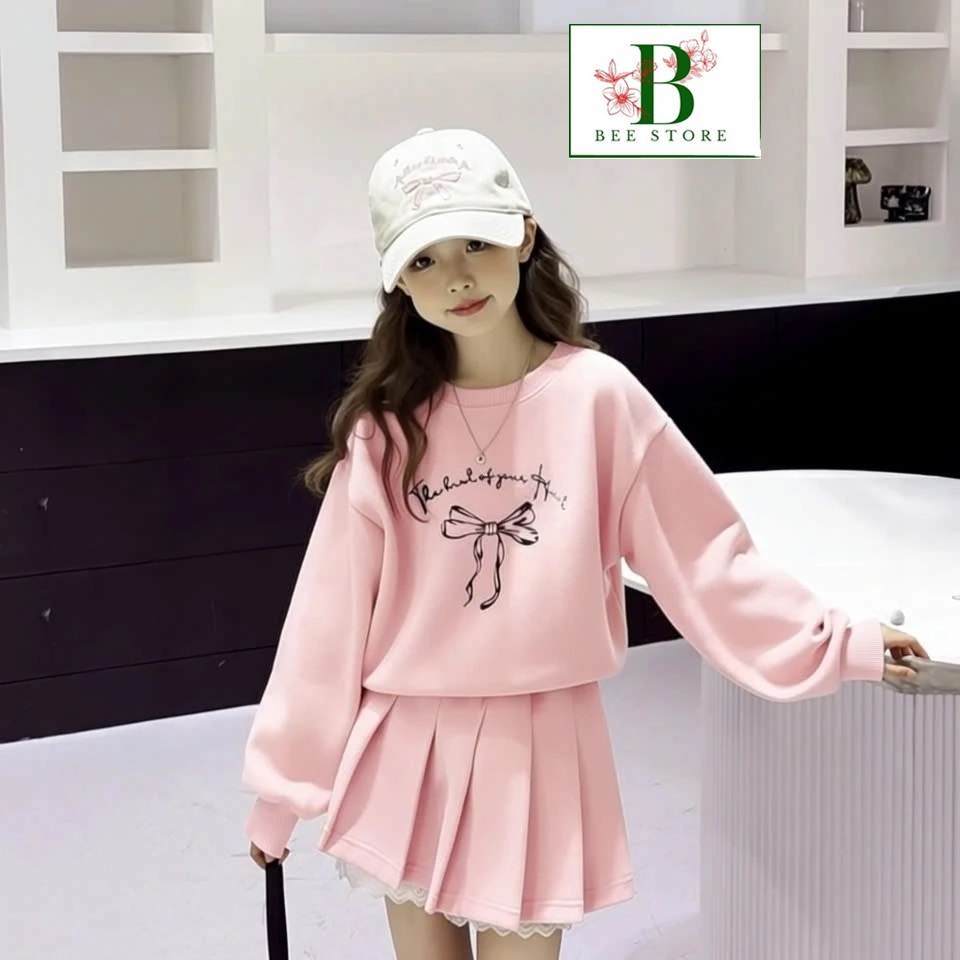 Set Váy Bé Gái Chất Nỉ Da Cá 4C Áo Form Rộng Nơ Mix Chân Váy Xếp Ly Viền Ren Từ 12-45KG Dành Cho Bé Gái