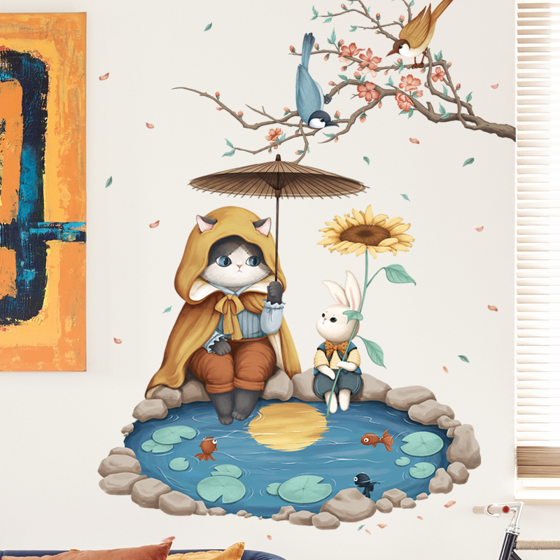 Sticker Giấy Dán Tường Decal Dán tường Tranh Dán Tường Trang Trí Tường Mẫu Mèo và Thỏ bên hồ cá ZDB-2557