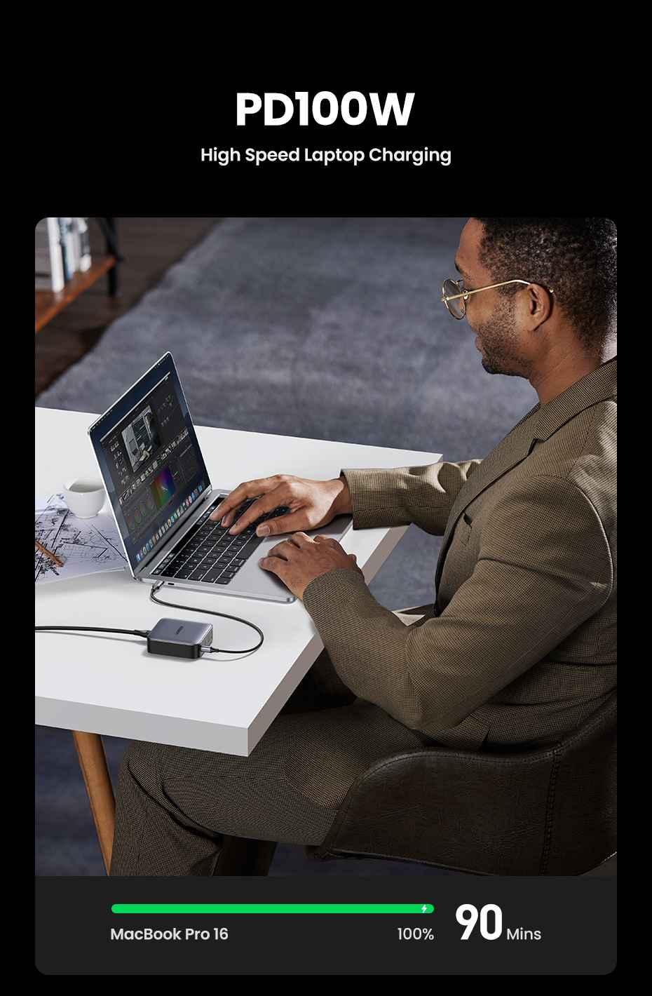 Ugreen UG90736CD328TK 100W Bộ sạc nhanh Nexode gồm 2 cổng USB-C + 2 cổng USB-A dây nguồn dài 1.5M chuẩn cắm US - HÀNG CHÍNH HÃNG