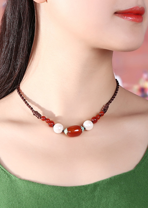 Vòng đeo cổ dây chuyền mã não đỏ phối trắng VN11