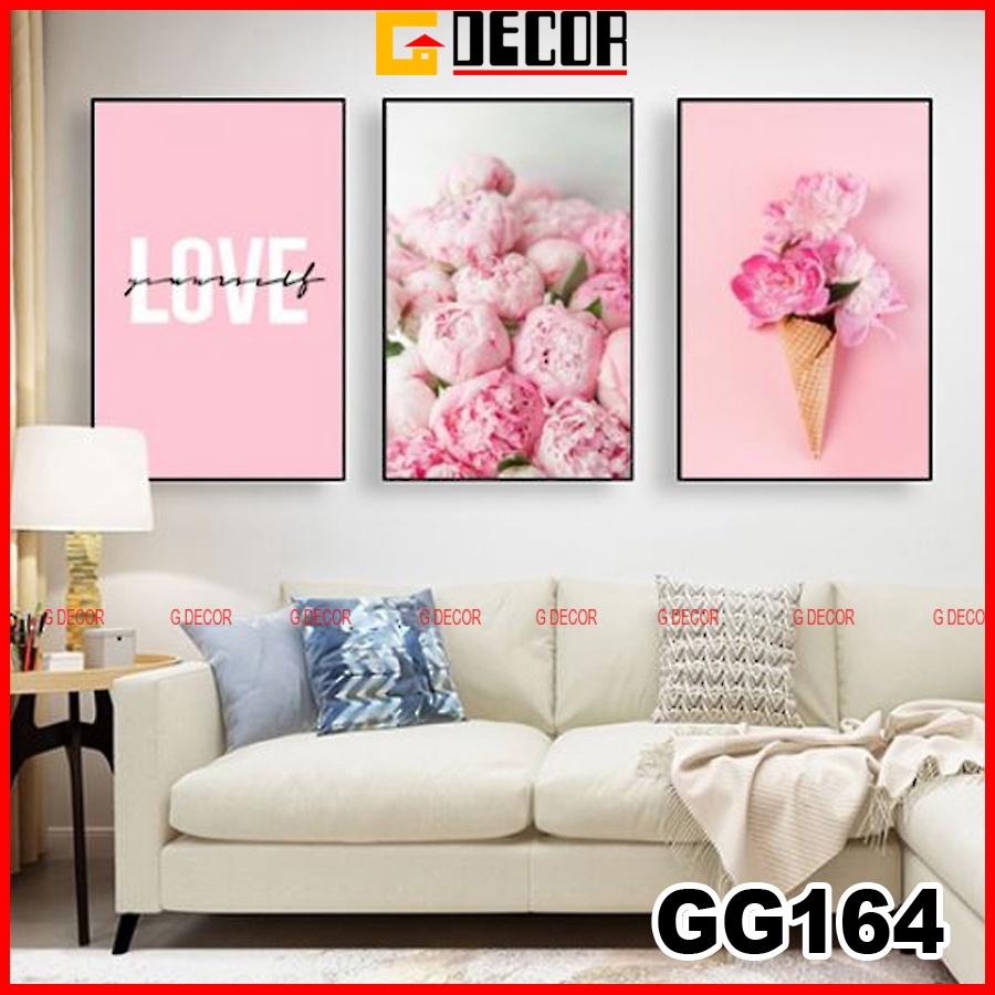 Tranh treo tường canvas 3 bức phong cách hiện đại Bắc Âu 164, tranh hoa hồng trang trí phòng khách, phòng ngủ, phòng ăn