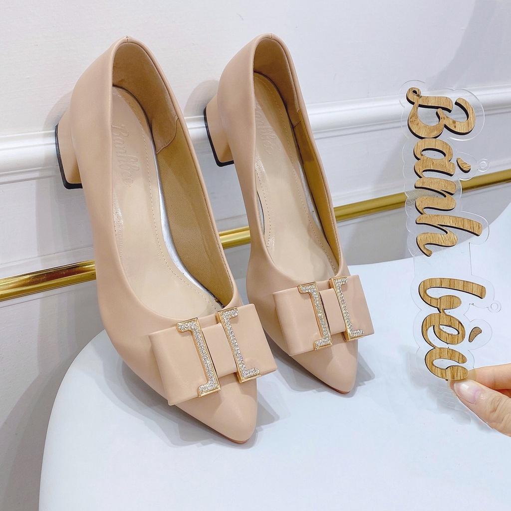 Giày Cao Gót Nữ Mũi Nhọn gót vuông cao 3p khóa chữ H nữ tính