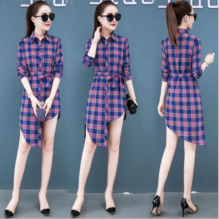 Đầm sơ mi nữ tà lệch kèm dây thắt eo sang chảnh