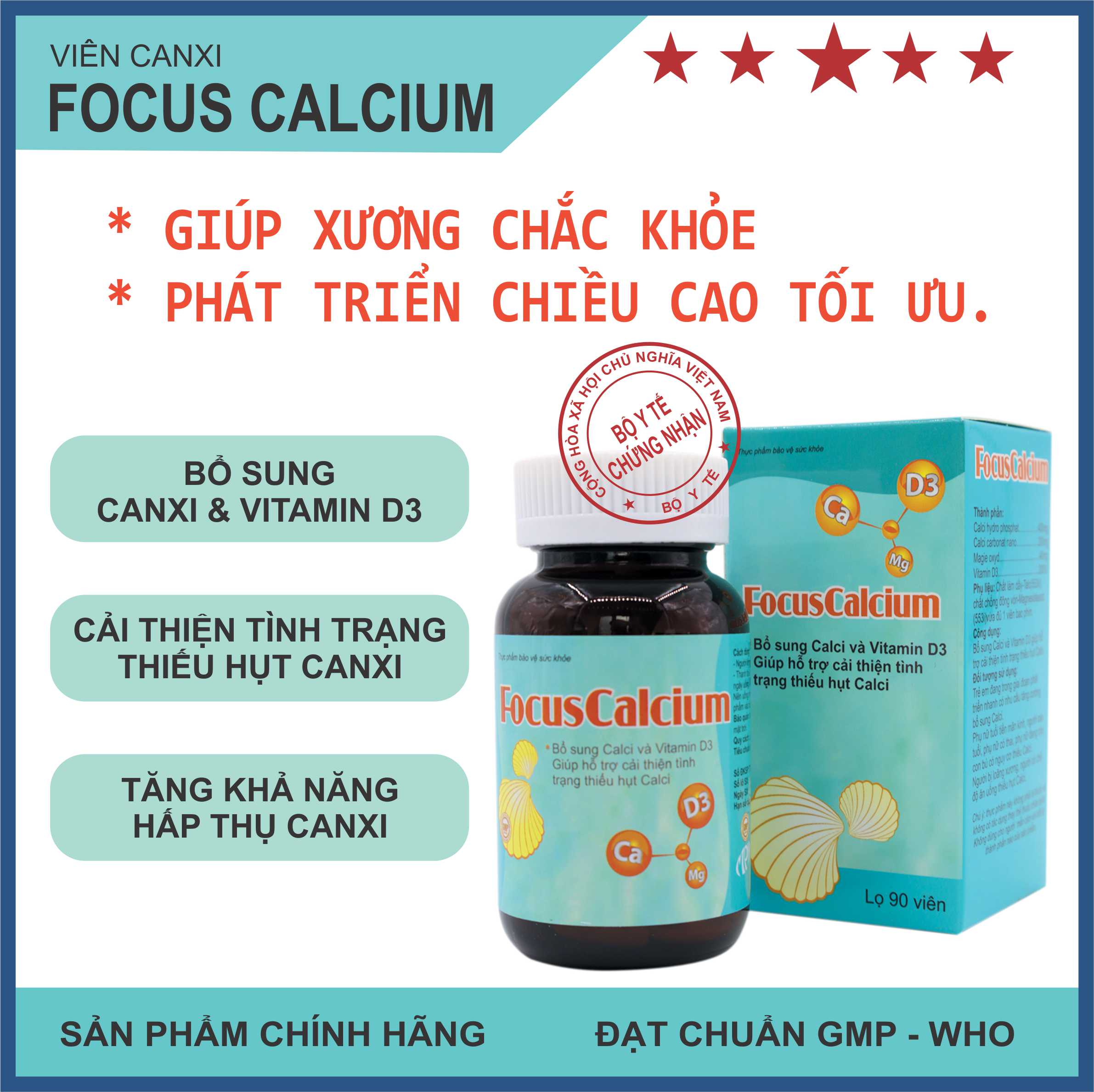 Combo 2 Hộp Viên Uống Canxi Cho Người Lớn Focuscalcium - Giúp Bổ Sung Canxi D3 Magie, Tăng Chiều Cao, Bổ Sung Canxi Cho Mẹ Bầu, Người Thiếu Hụt Canxi . Hàng Chính Hãng. Lọ 90 Viên