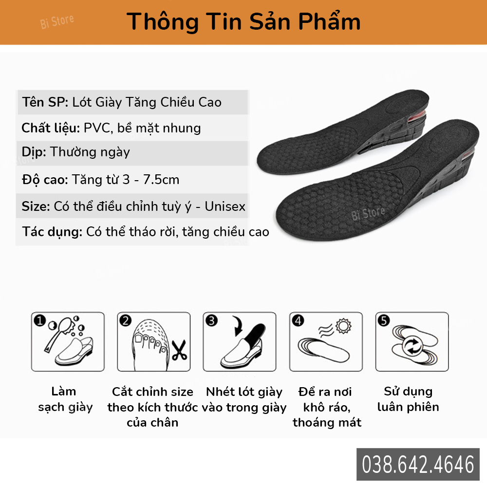 [Bán theo cặp] Lót giày tăng chiều cao 1,5 - 7,5cm có đệm khí cao cấp, thấm hút mồ hôi, thoáng khí, phù hợp với cả nam và nữ, chống trơn trượt (Cắt chỉnh size được tuỳ ý)