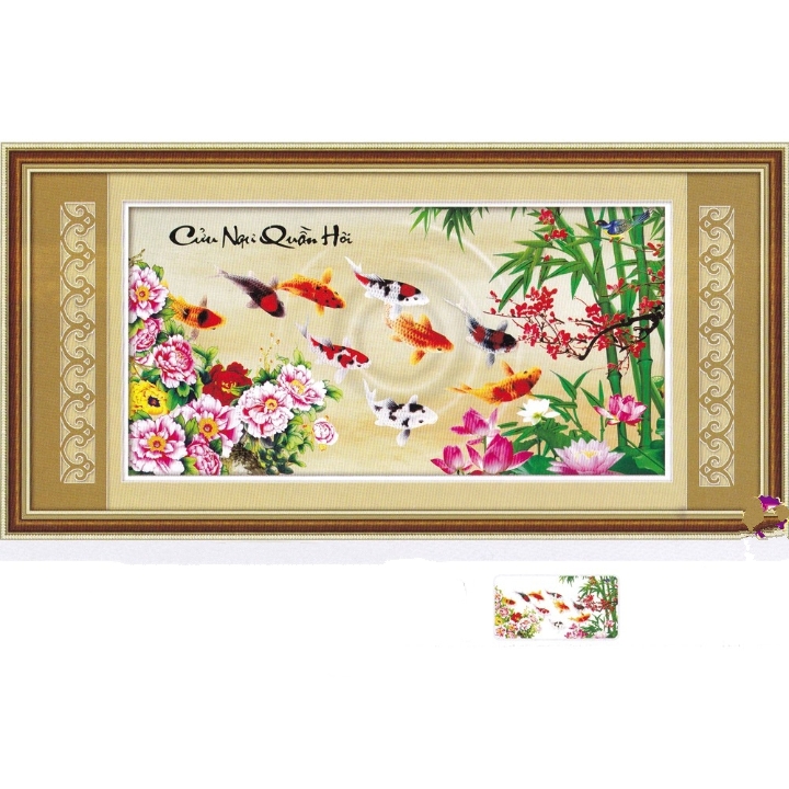 Tranh đính đá Cửu ngư quần hội 123x66cm - chưa đính