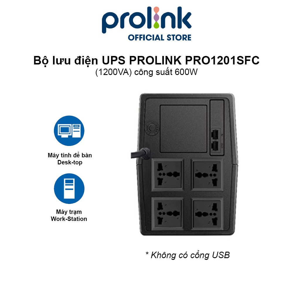 Bộ lưu điện UPS PROLINK PRO1201SFCU (1200VA) công suất 600W, tích hợp bộ AVR, sạc siêu nhanh, dùng cho PC, Camera, Wifi - Hàng chính hãng