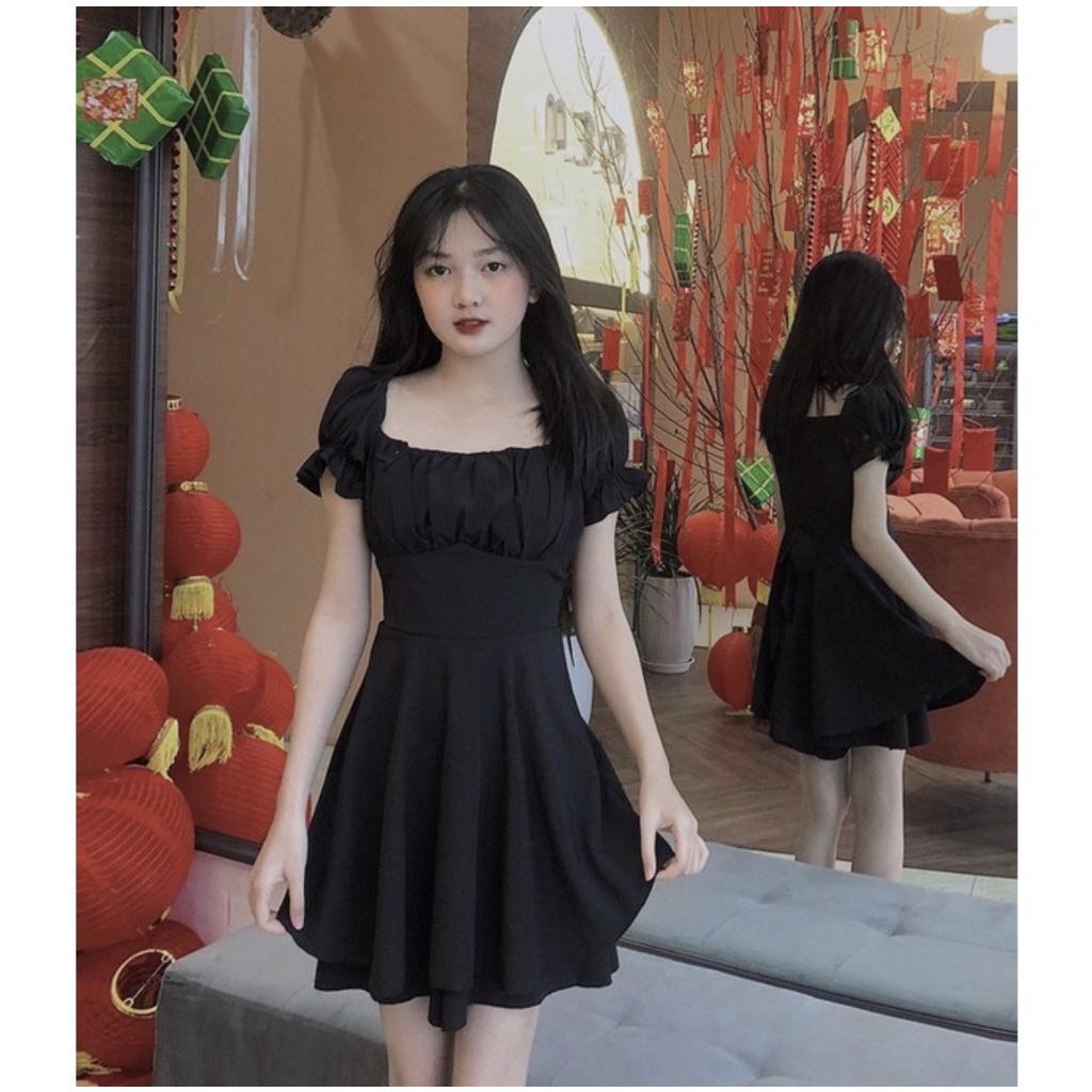 Váy đầm xoè tay phồng cột nơ, jumsuit cổ vuông thắt eo ba màu LOVI