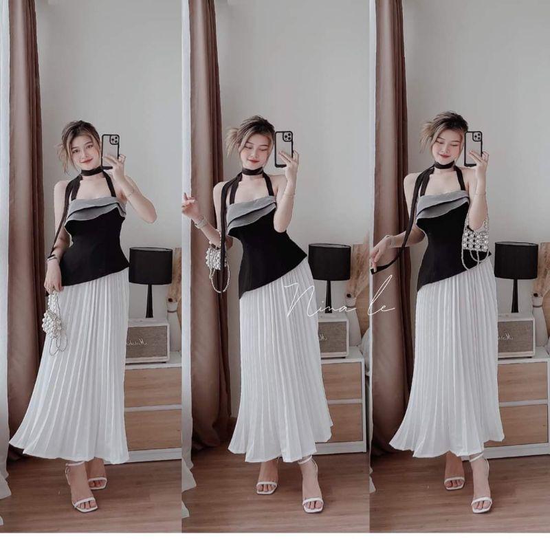 SET BỘ ÁO CỔ YẾM XẾP TẦNG BÈO VỚI CHÂN VÁY DÀI