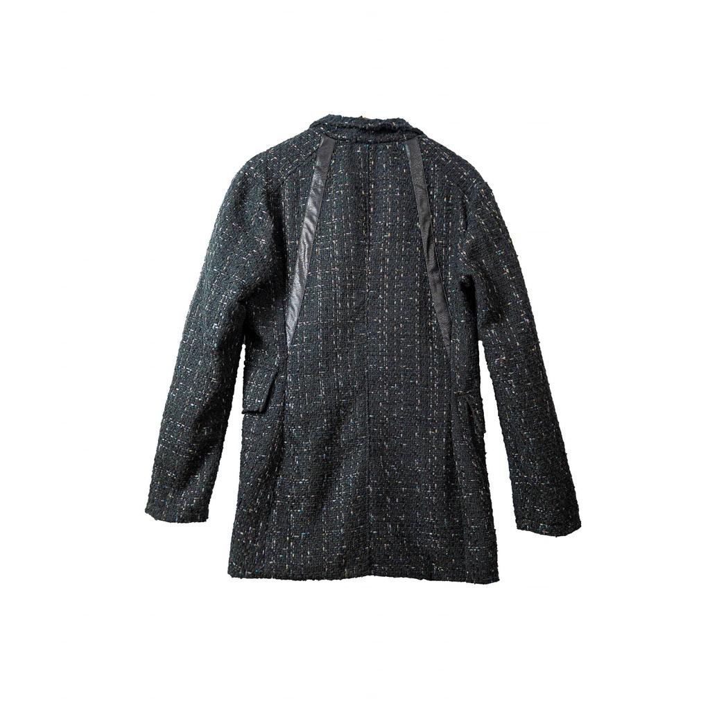 Áo khoác nam 12.DESTINY chi tiết khoá viền vải da dáng măng tô chất liệu dạ tweed màu đen