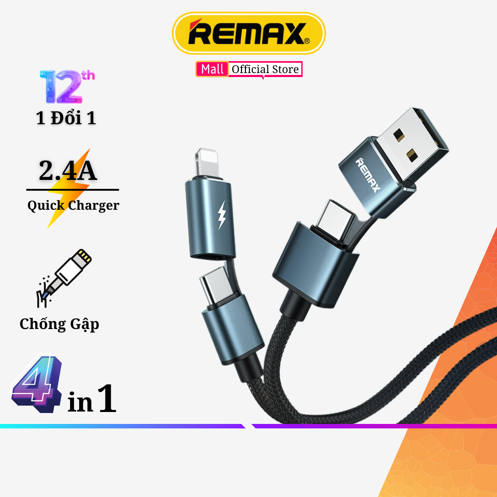 Cáp Sạc Nhanh Đa Năng 4 IN 1 Remax RC-020T 4 Kiểu Kết Nối Tiện Dụng Dòng Sạc Max 2.4A -Hàng Chính Hãng