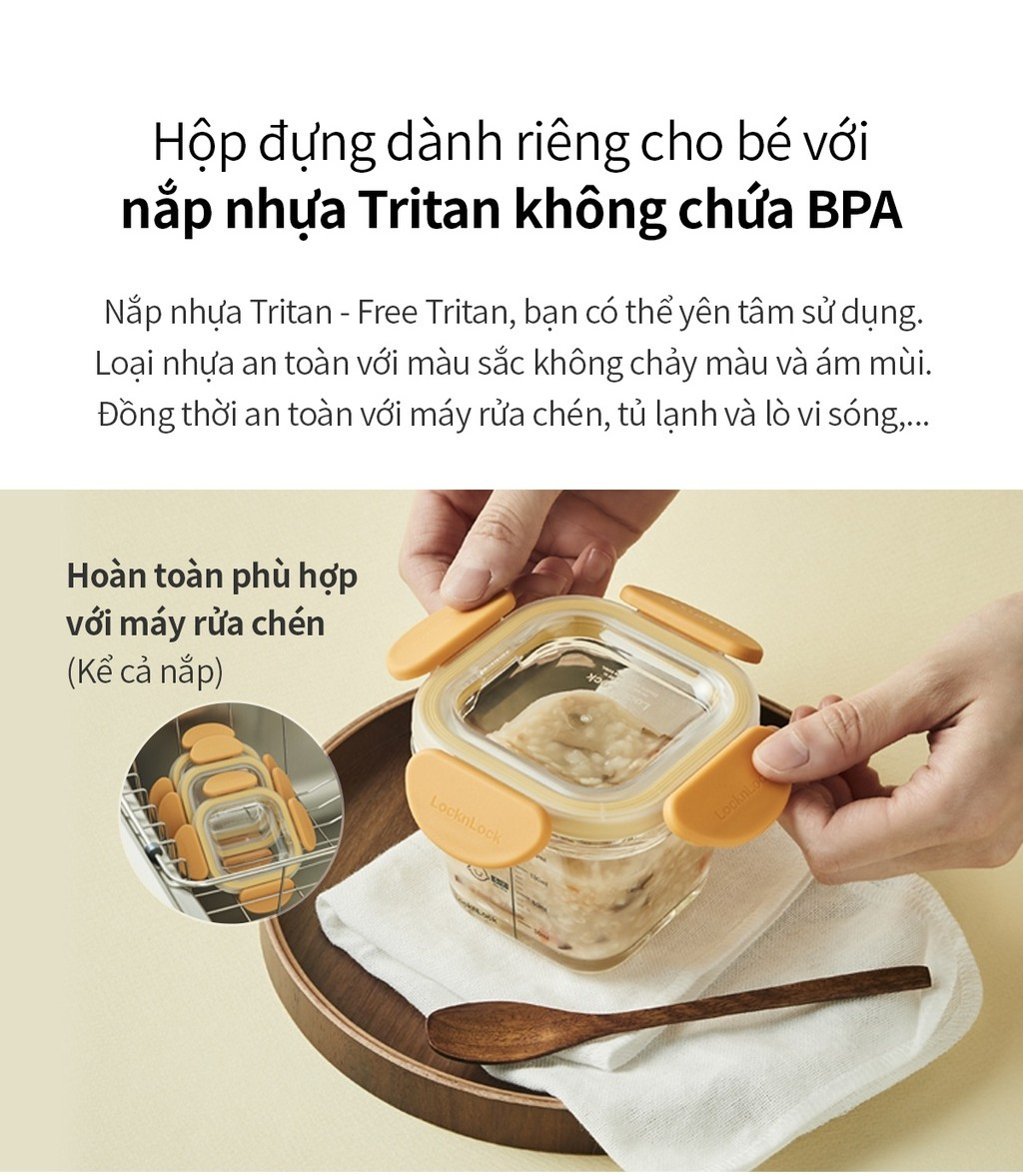 Bộ 3 hộp thủy tinh đựng thức ăn dặm cho bé Lock&amp;Lock 230ml x 3 hộp LLG508S3 - Hàng chính hãng, có vạch chia - JoyMall