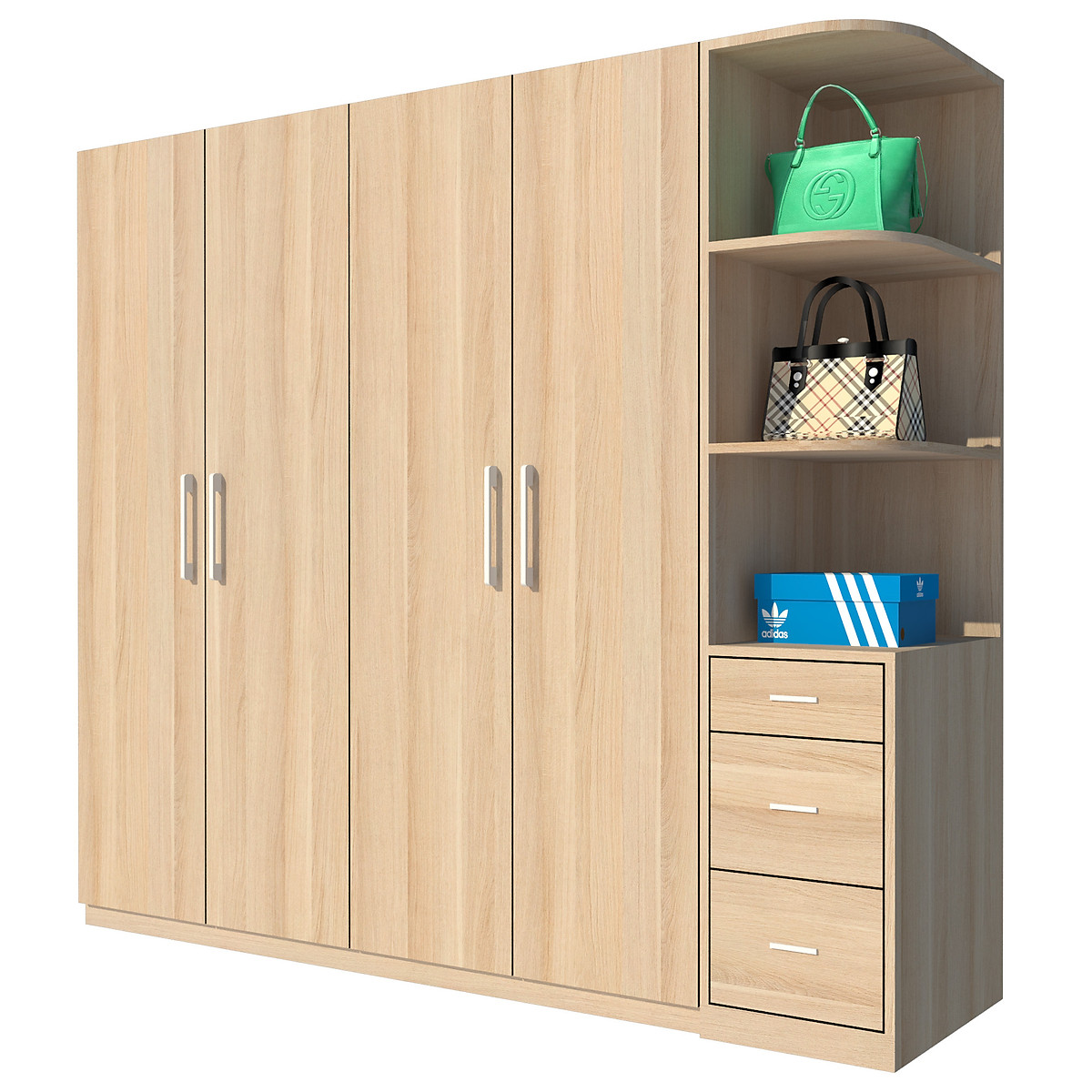 Tủ quần áo gỗ MDF Tundo 4 cánh 3 ngăn kéo màu vàng 220 x 55 x 200cm