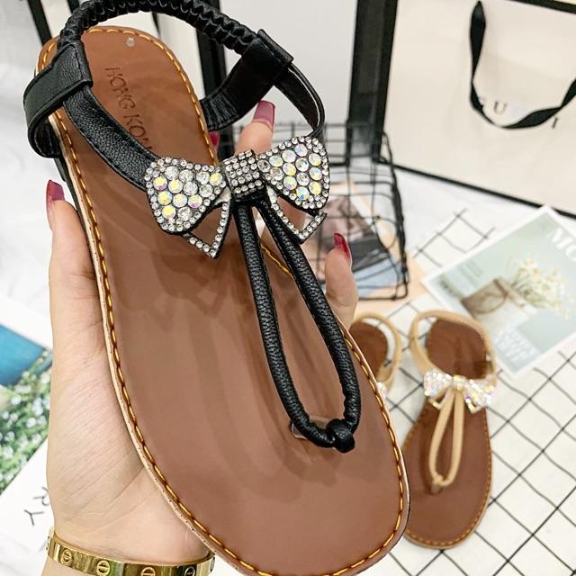 Sandal kẹp nơ đính đá đế gấu