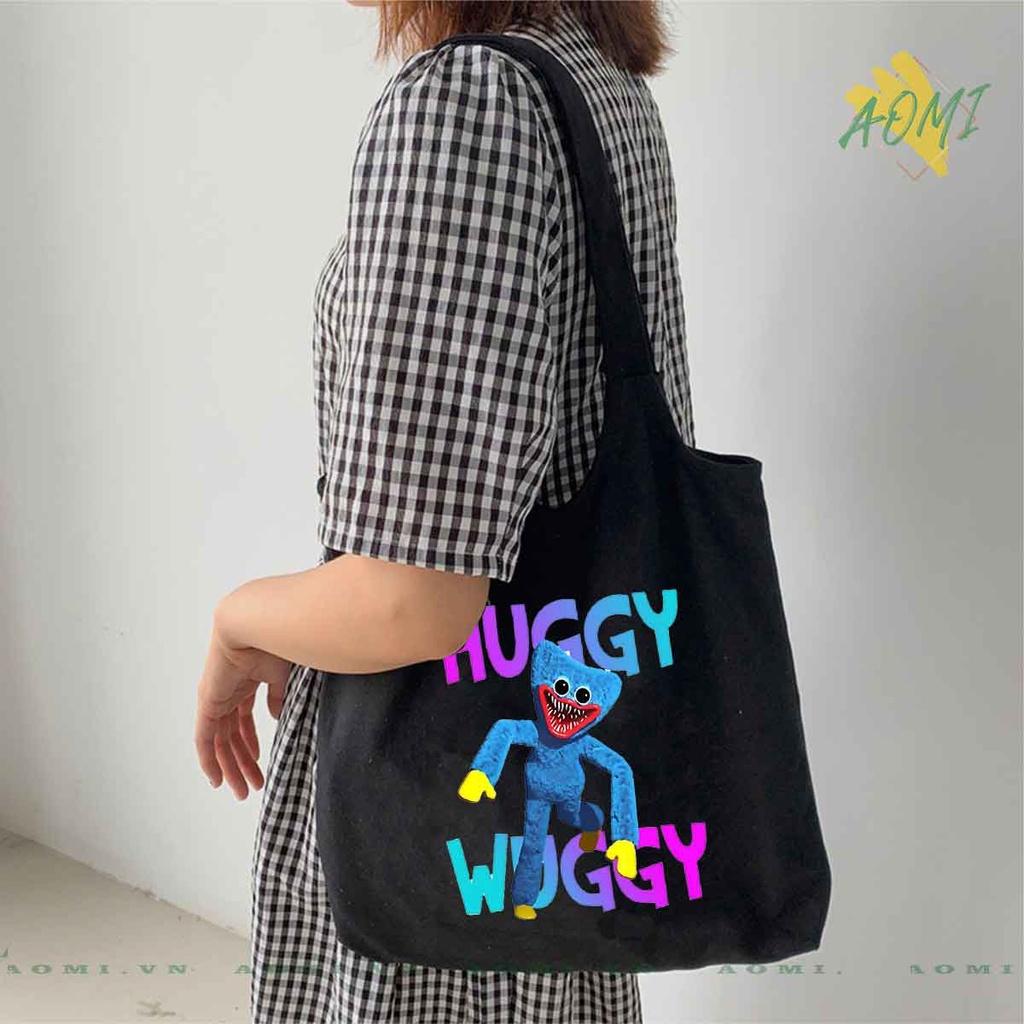 TOTE CANVAS HUGGY WUGGY FORM TRÒN TÚI VẢI ĐEO VAI BAG NÚT BẤM SIZE LỚN AOMIVN DU LỊCH MÀU ĐEN TRẮNG